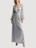 Silver Satin Sequin Gown Bell Sleeve Deep V Evening Dress