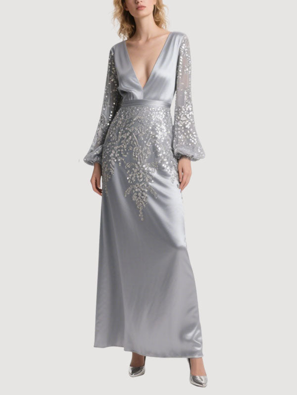 Silver Satin Sequin Gown Bell Sleeve Deep V Evening Dress