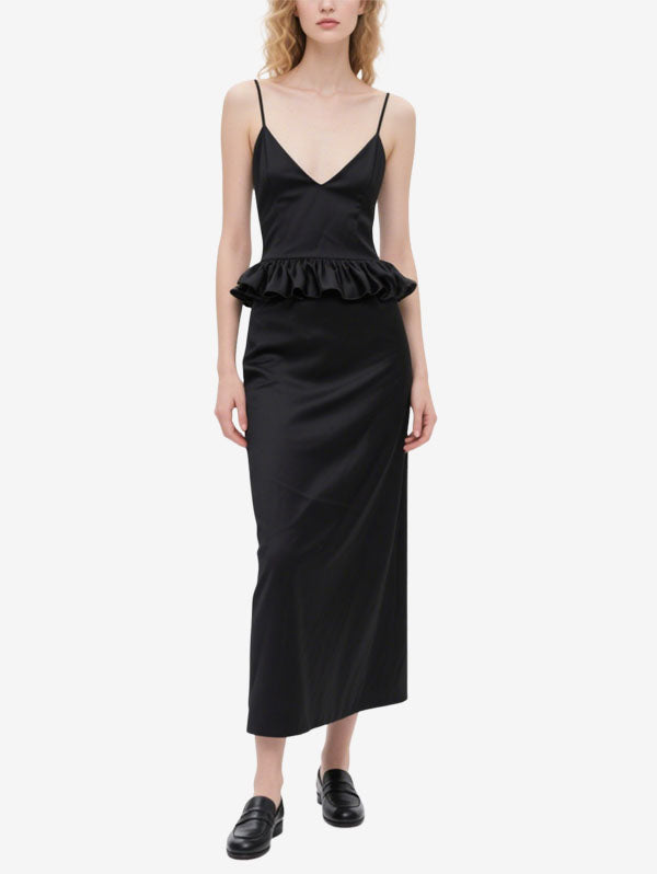 Black Satin Peplum Midi Dress Women's Sophisticated Evening Outfit