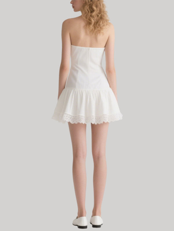 White Strapless Ruffled Hem Mini Dress with Lace Trim