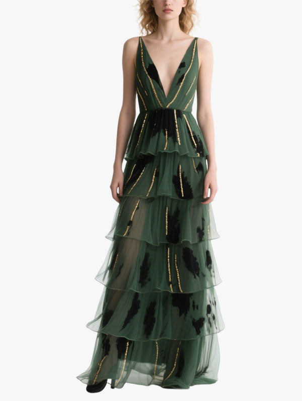 Green Tulle Ruffled Gown Plunging V-neck Gold Trimmed Dress