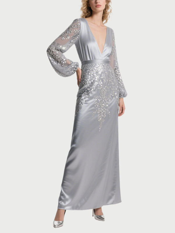 Silver Satin Sequin Gown Bell Sleeve Deep V Evening Dress