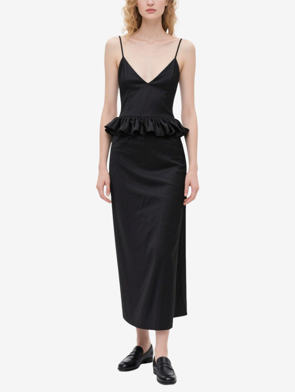 Black Satin Peplum Midi Dress Women's Sophisticated Evening Outfit