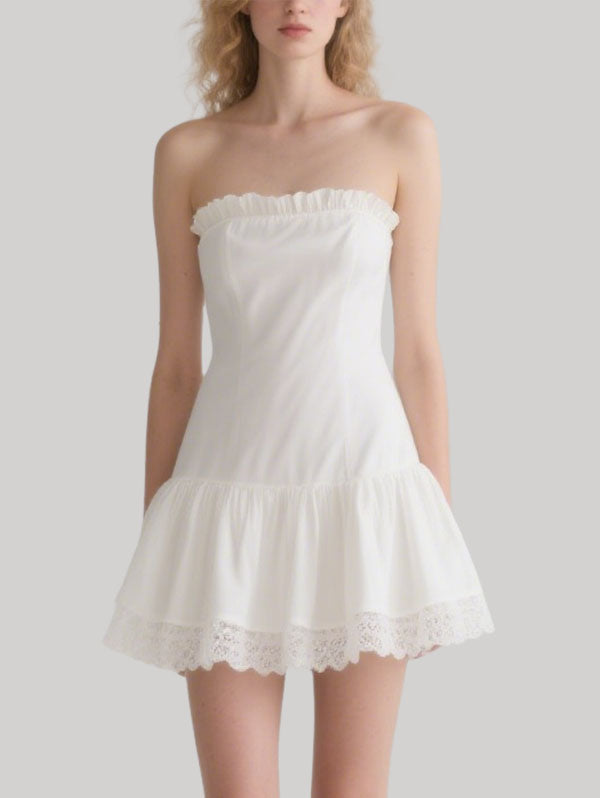White Strapless Ruffled Hem Mini Dress with Lace Trim