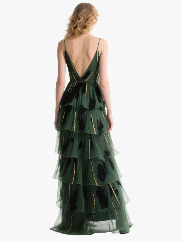 Green Tulle Ruffled Gown Plunging V-neck Gold Trimmed Dress