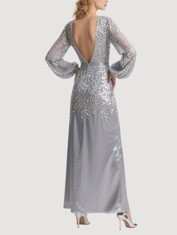 Silver Satin Sequin Gown Bell Sleeve Deep V Evening Dress