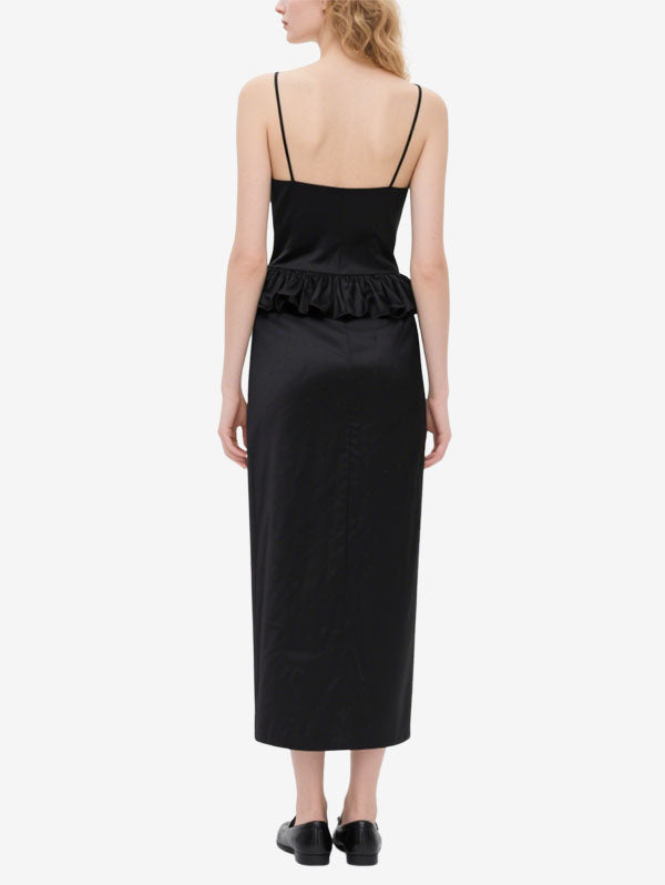 Black Satin Peplum Midi Dress Women's Sophisticated Evening Outfit