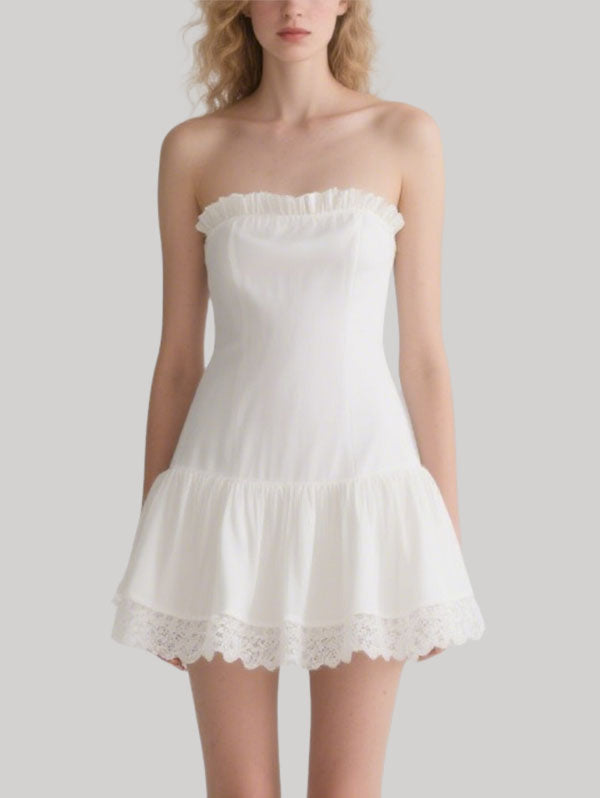 White Strapless Ruffled Hem Mini Dress with Lace Trim