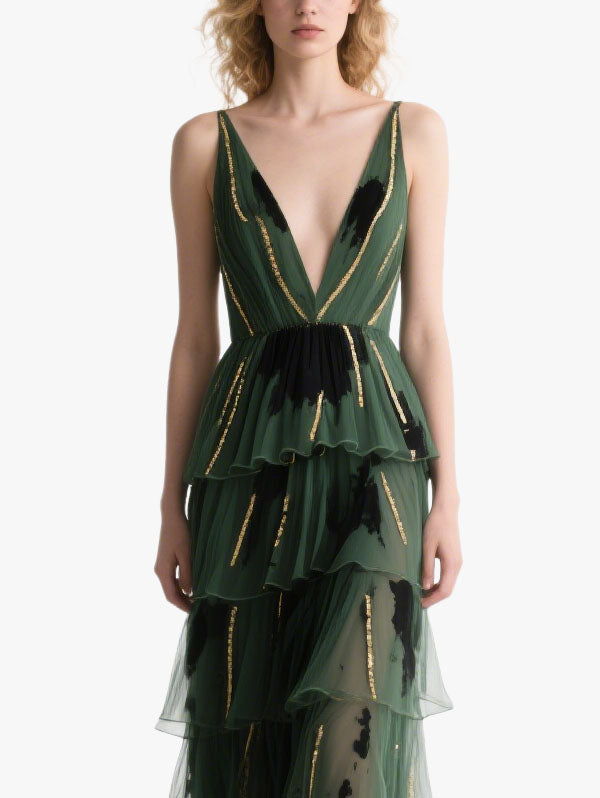 Green Tulle Ruffled Gown Plunging V-neck Gold Trimmed Dress