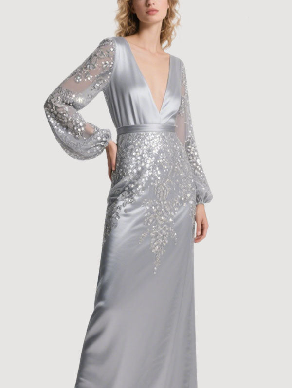 Silver Satin Sequin Gown Bell Sleeve Deep V Evening Dress