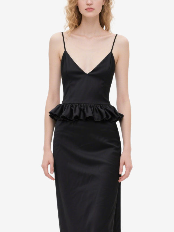 Black Satin Peplum Midi Dress Women's Sophisticated Evening Outfit