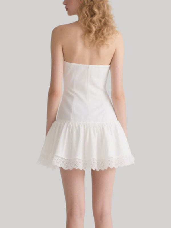 White Strapless Ruffled Hem Mini Dress with Lace Trim