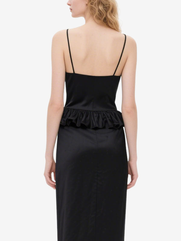 Black Satin Peplum Midi Dress Women's Sophisticated Evening Outfit