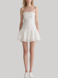White Strapless Ruffled Hem Mini Dress with Lace Trim