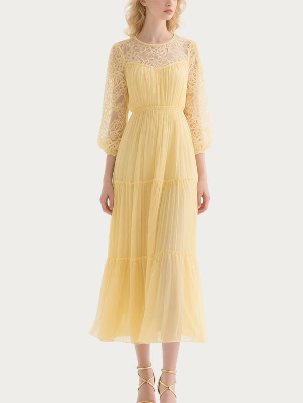 Fresh Lace Splicing Yellow Skirt