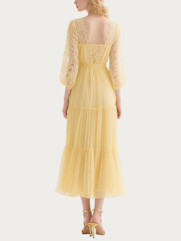 Fresh Lace Splicing Yellow Skirt