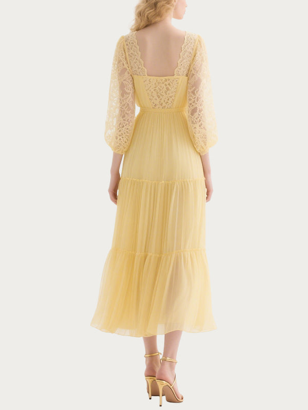 Fresh Lace Splicing Yellow Skirt