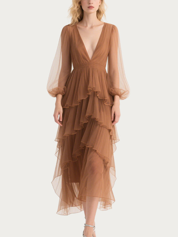 Elegant Cascading Brown Gauze Skirt