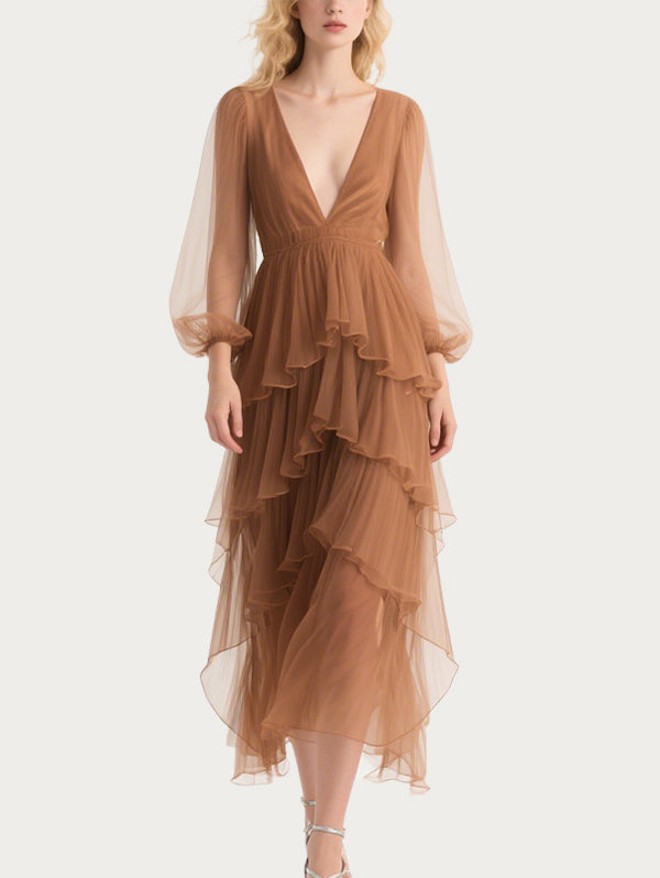 Elegant Cascading Brown Gauze Skirt