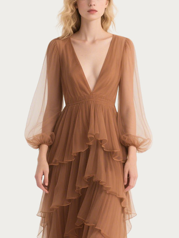Elegant Cascading Brown Gauze Skirt