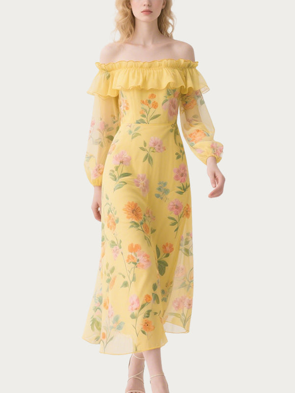 Sweet Floral Off-Shoulder Yellow Skirt