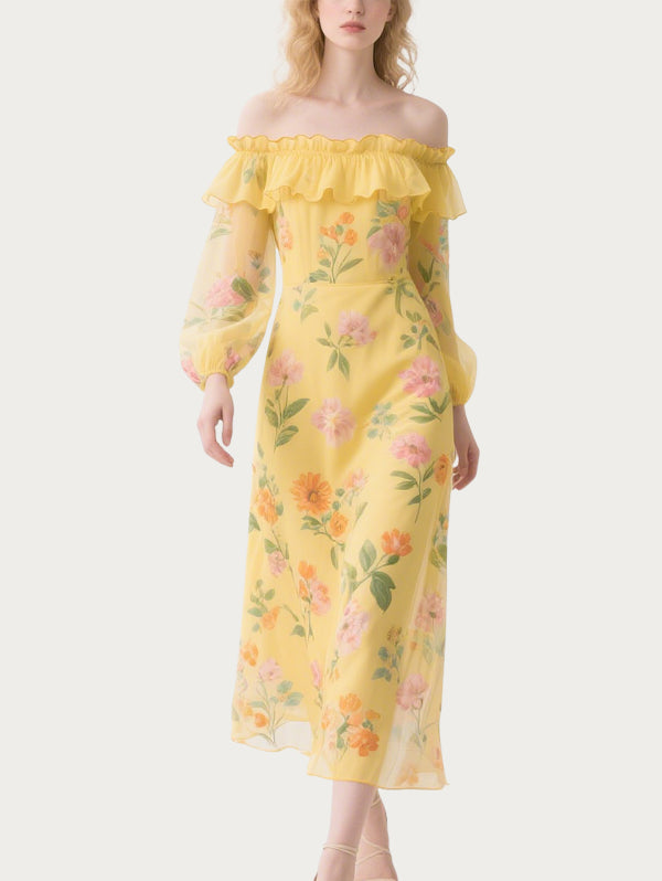 Sweet Floral Off-Shoulder Yellow Skirt