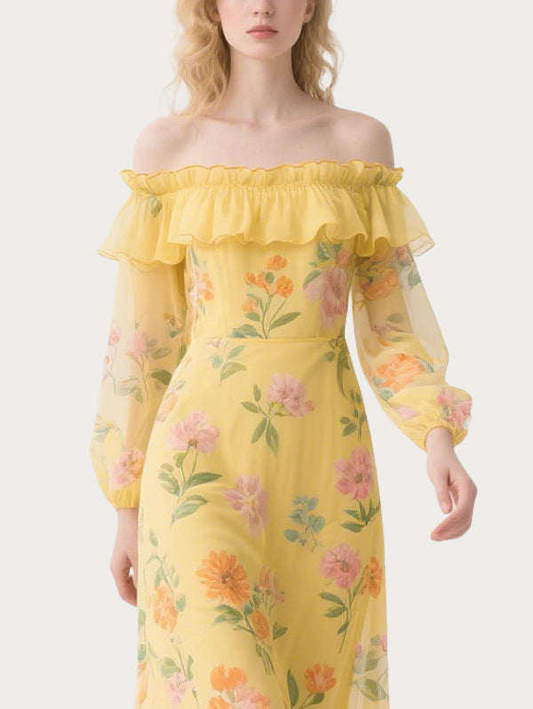 Sweet Floral Off-Shoulder Yellow Skirt