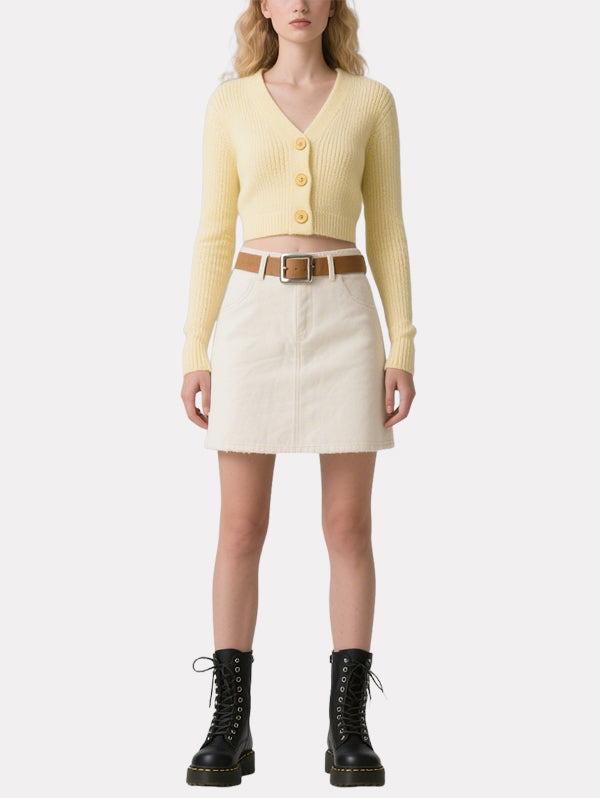 Fresh Yellow and White Short Knitted Cardigan Skirt Suit