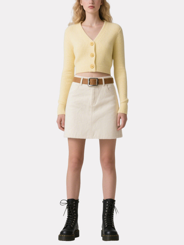 Fresh Yellow and White Short Knitted Cardigan Skirt Suit