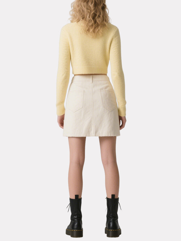 Fresh Yellow and White Short Knitted Cardigan Skirt Suit