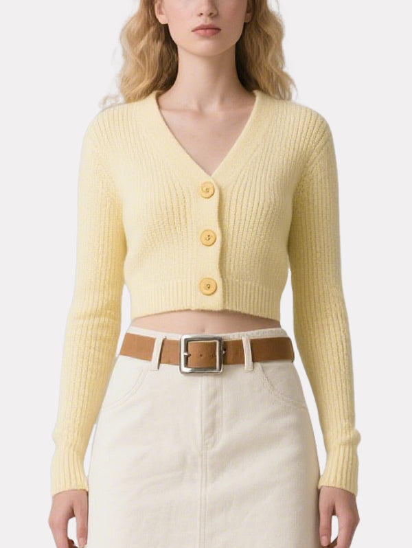 Fresh Yellow and White Short Knitted Cardigan Skirt Suit