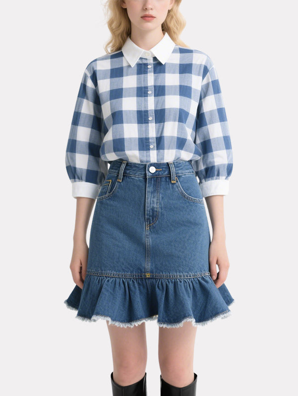 Classic Plaid Shirt Denim Skirt Suit