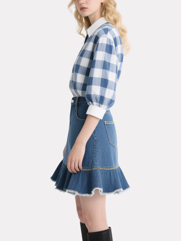 Classic Plaid Shirt Denim Skirt Suit