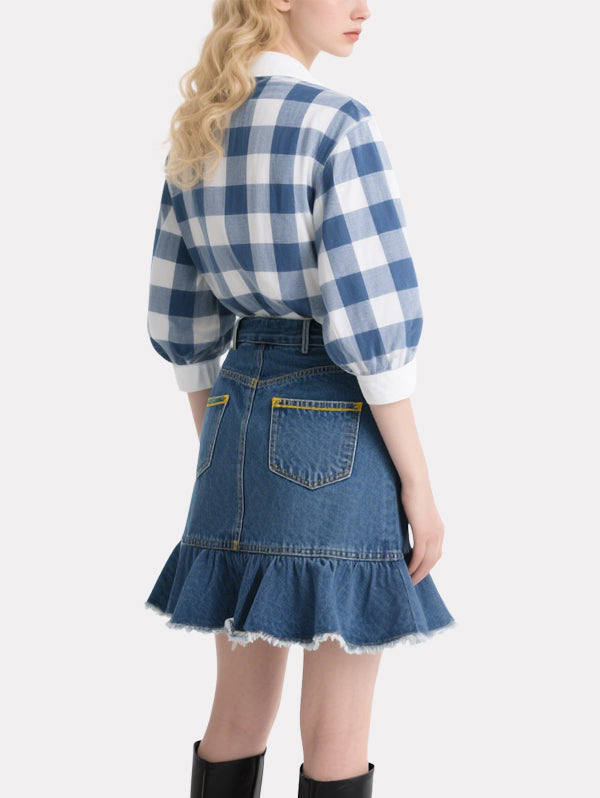 Classic Plaid Shirt Denim Skirt Suit