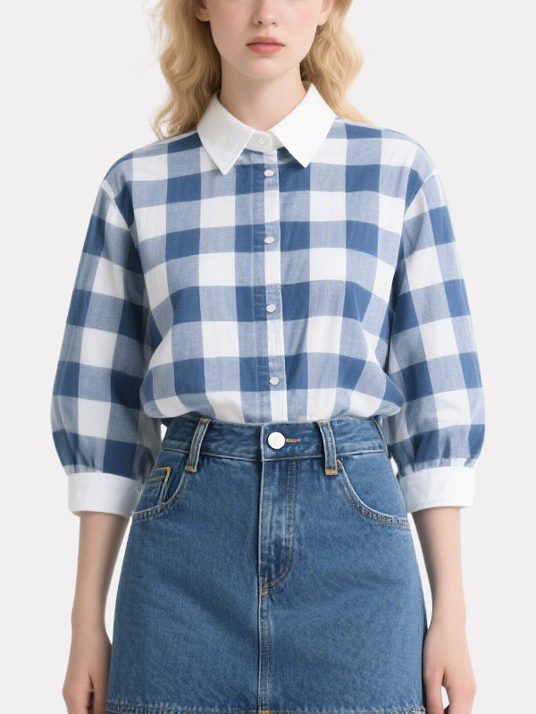Classic Plaid Shirt Denim Skirt Suit