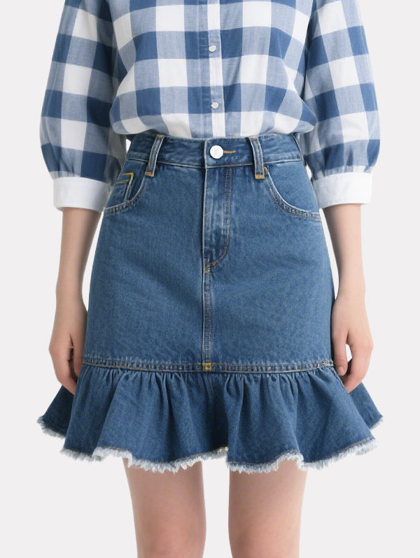 Classic Plaid Shirt Denim Skirt Suit