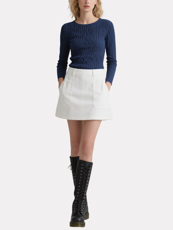 Fashionable Simple Long-Sleeved Top White Skirt Suit