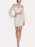Exquisite Sequined Off-Shoulder Long-Sleeved Skirt Suit