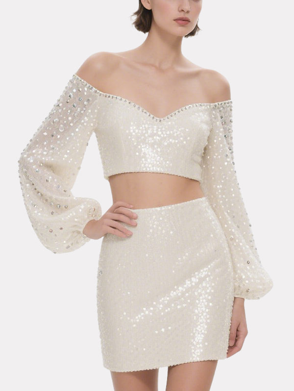 Exquisite Sequined Off-Shoulder Long-Sleeved Skirt Suit