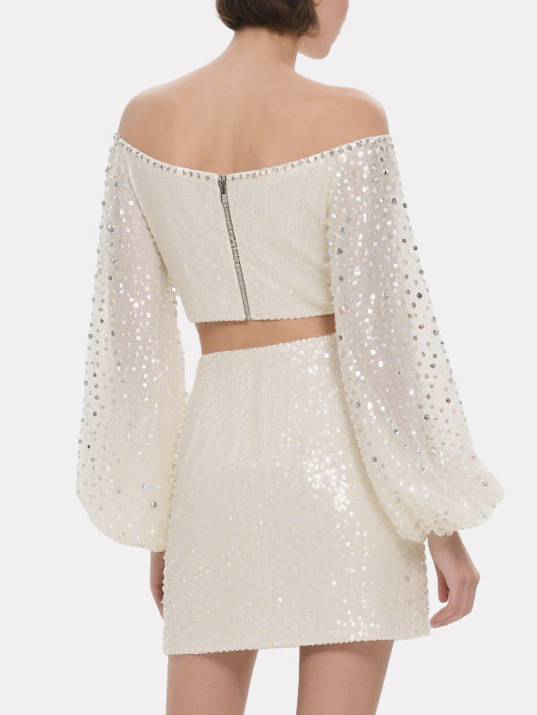 Exquisite Sequined Off-Shoulder Long-Sleeved Skirt Suit