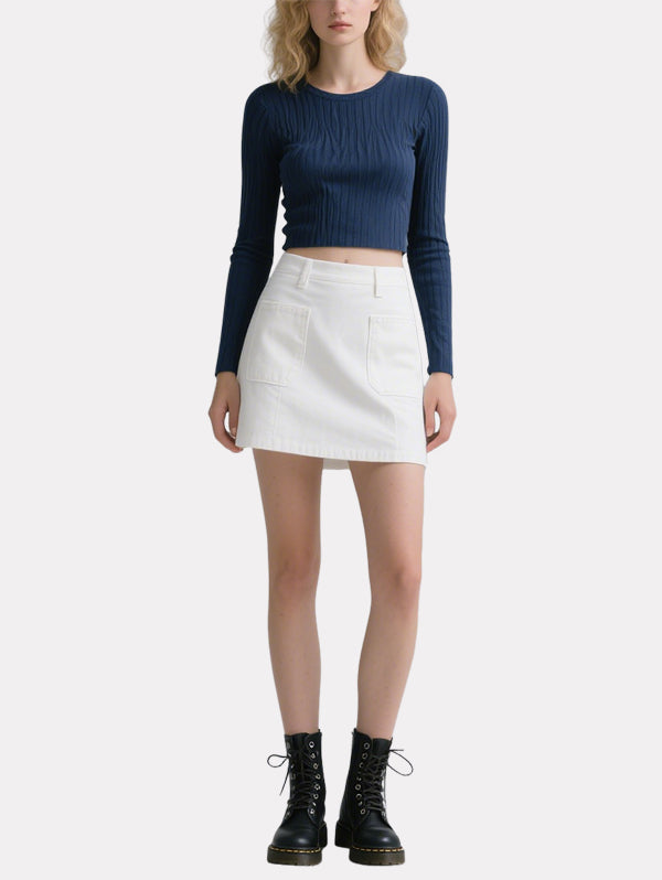 Simple Navy Blue Long-Sleeved Top White Skirt Suit