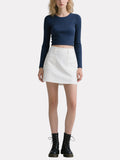 Simple Navy Blue Long-Sleeved Top White Skirt Suit