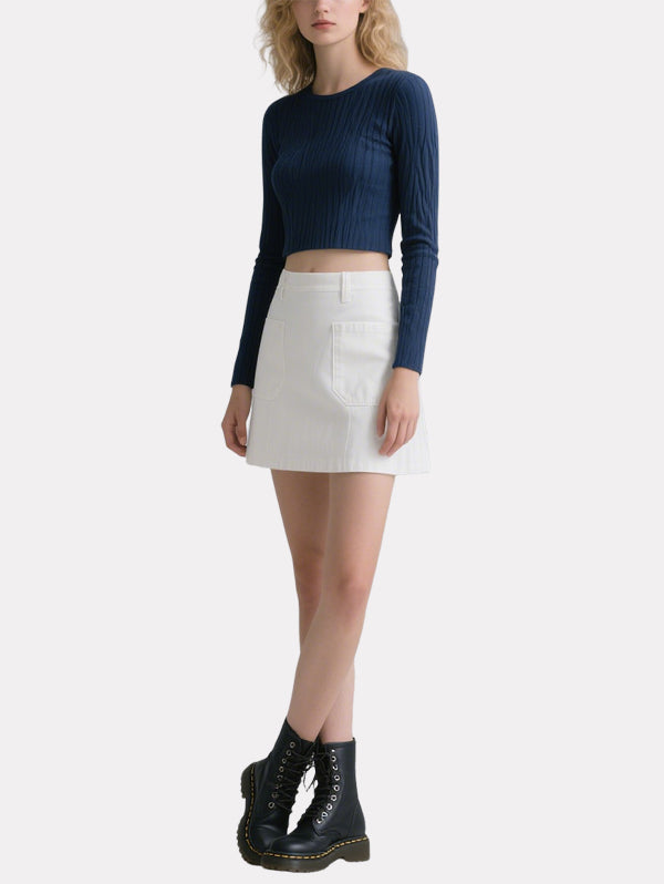Simple Navy Blue Long-Sleeved Top White Skirt Suit