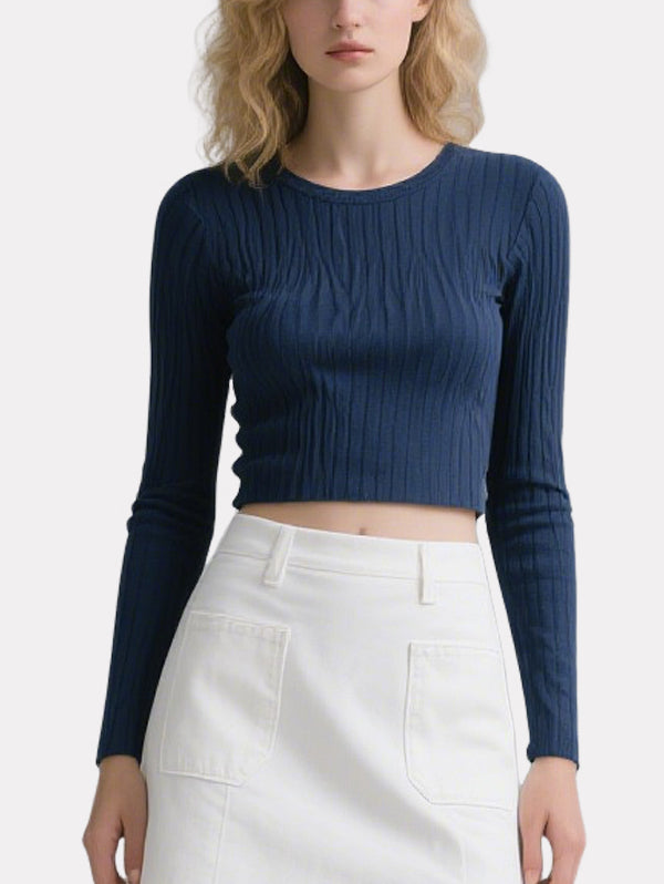 Simple Navy Blue Long-Sleeved Top White Skirt Suit