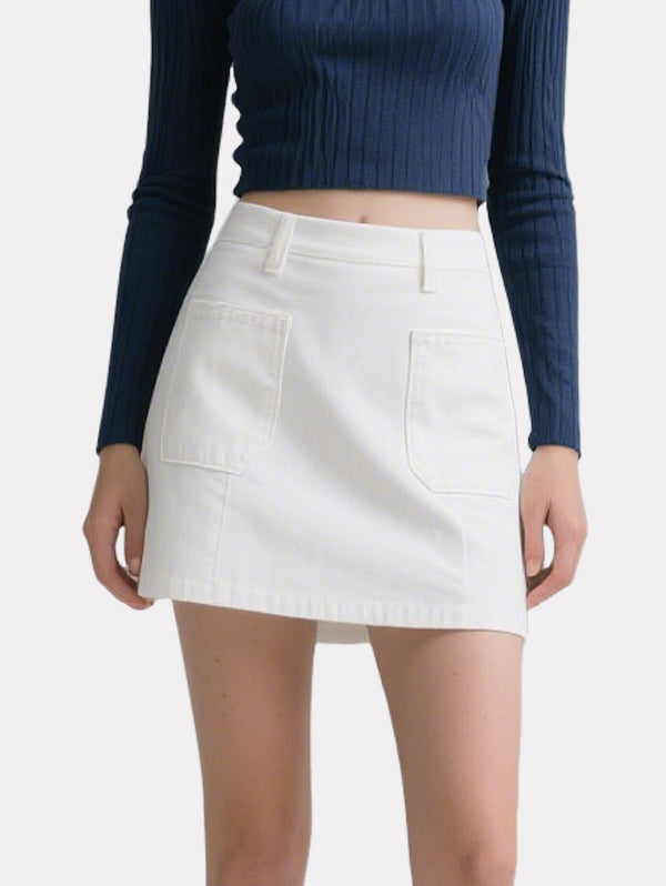 Simple Navy Blue Long-Sleeved Top White Skirt Suit