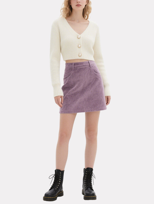 Sweet Pearl-Button Knitted Cardigan Purple Skirt Suit