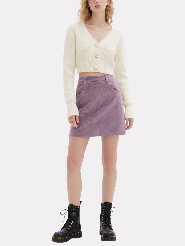Sweet Pearl-Button Knitted Cardigan Purple Skirt Suit