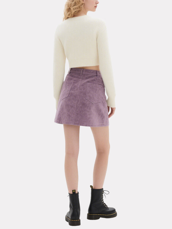 Sweet Pearl-Button Knitted Cardigan Purple Skirt Suit