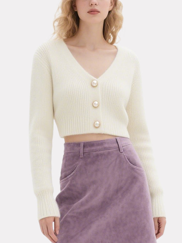 Sweet Pearl-Button Knitted Cardigan Purple Skirt Suit