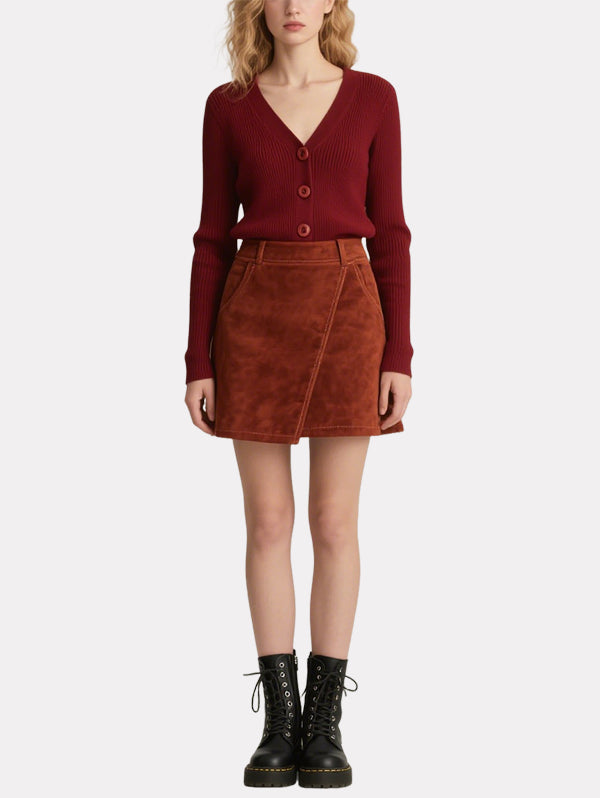 Vintage Red Knitted Cardigan Asymmetrical Skirt Suit